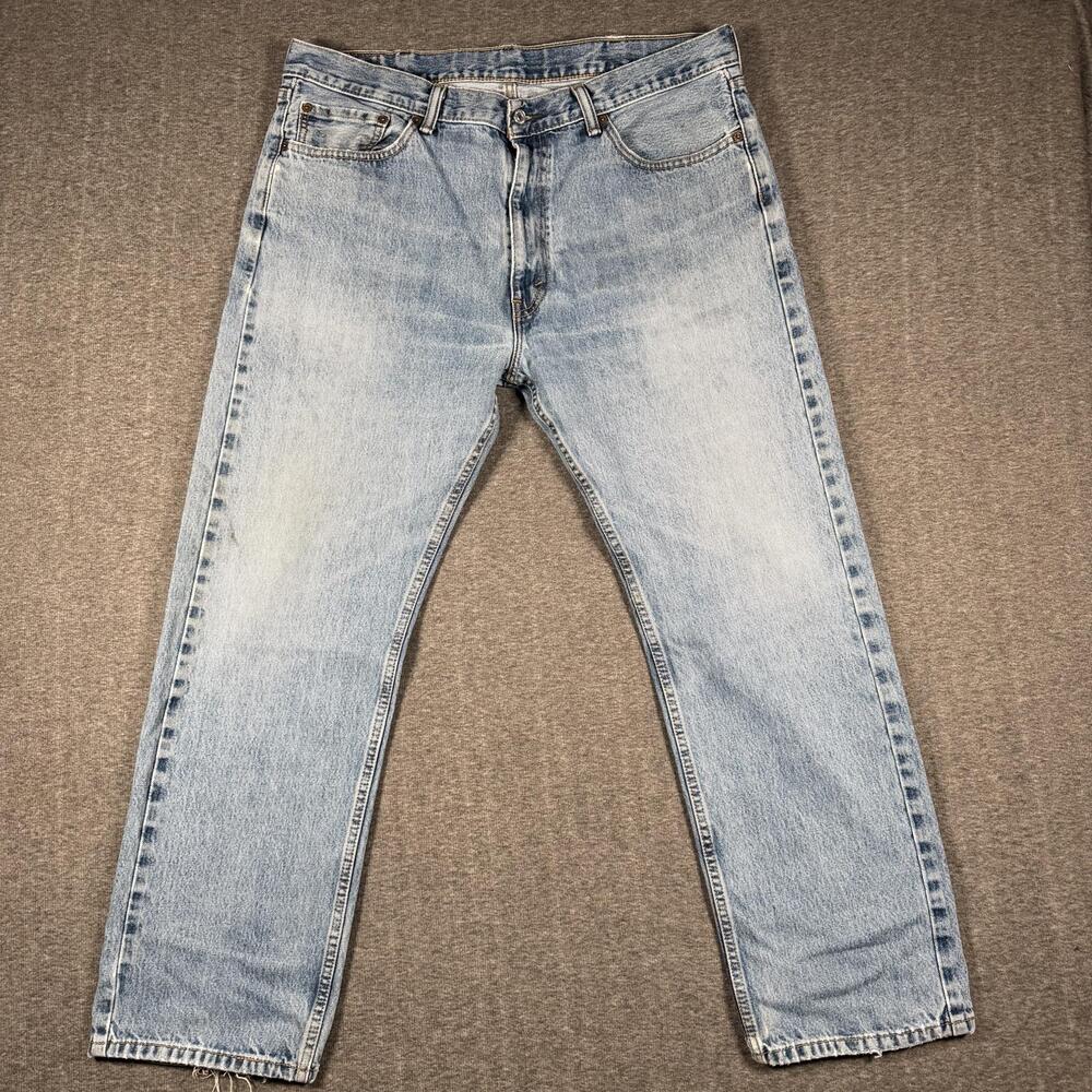 Levis 505 Jeans Mens 38x30 Light Wash Regular Fit Straight Leg Distressed Hems